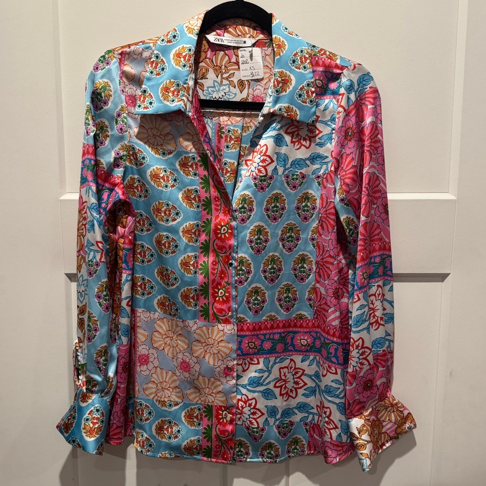 EUC Zara Multicolor Floral Patchwork Silky Button-Up Shirt